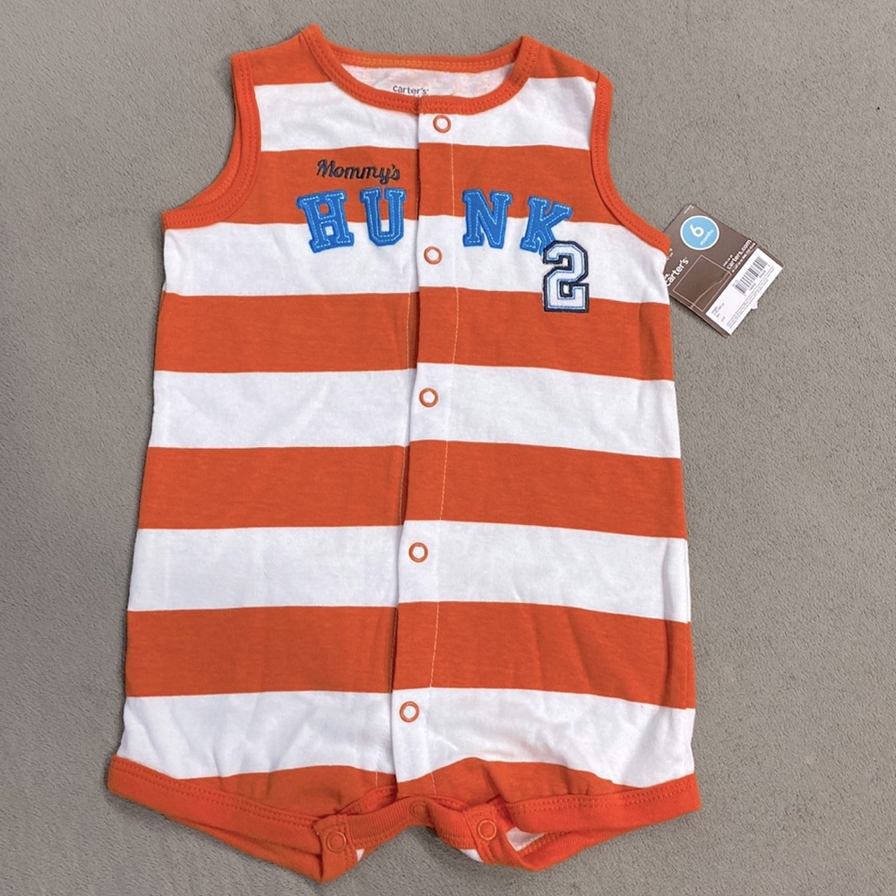 NWT Boys 6 Months Mommy's Hunk Orange & White Romper Easy to Take On & Off !!